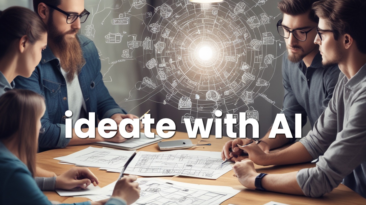 Cover image illustrating the concept of ideation with AI, featuring a blend of human creativity and AI-generated designs. The image shows a futuristic workspace with a designer interacting with AI tools, surrounded by digital design elements.